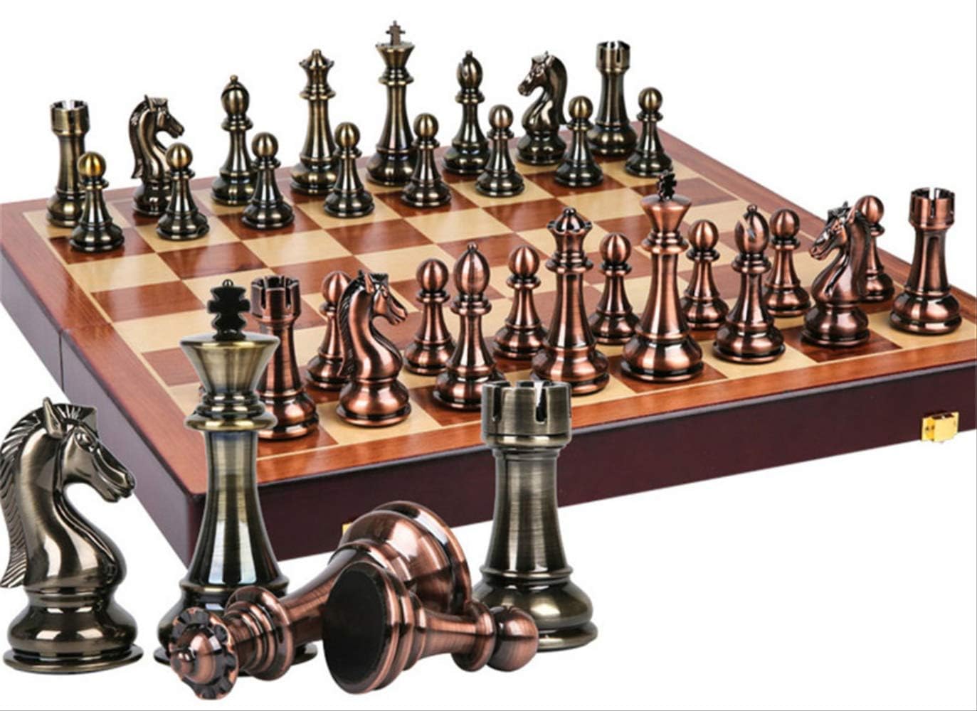 Rioneon Chess set Metal Chess Set High-grade Gift Travel International Chess Game Folding Wooden Mold Chessboard Chess Pieces