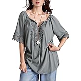 winkbay Women's Summer Lace Tie Front Tops Elegant Short Sleeve Dressy Casual Blouses