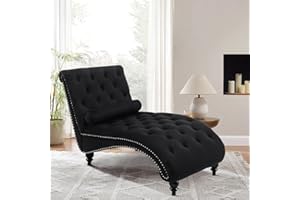 KINFFICT Velvet Chaise Lounge Indoor, Button-Tufted Upholstered Chaise Lounge Chair with Pillow for Bedroom Living Room Office Modern Leisure Recliner Sleep Sofa Chair with Tapered Legs