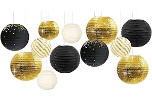 NICROLANDEE Black Gold Party Supplies - 12PCS Black and Gold Metallic Foil Paper Lanterns Decorative for Wedding, Graduation, Birthday, Baby Shower, Retirement, New Years Eve Party 2026