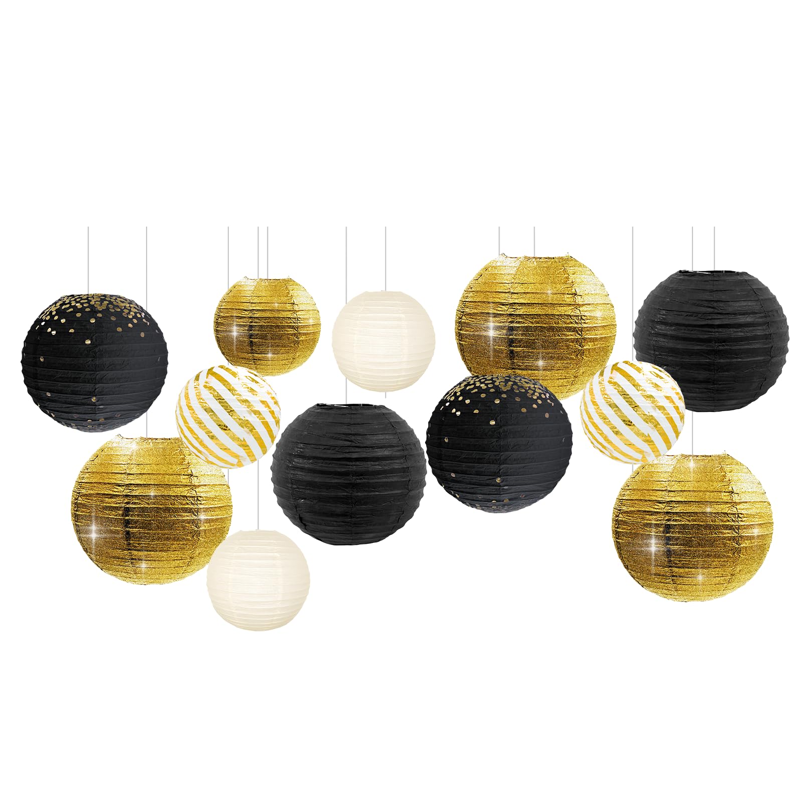NICROLANDEE Black and Gold Party Decorations - 12Pcs Black Gold Metallic Foil Paper Lanterns Decorative for New Year's Eve Party 2025, Birthday, Weddings, Graduations, Anniversary Decorations