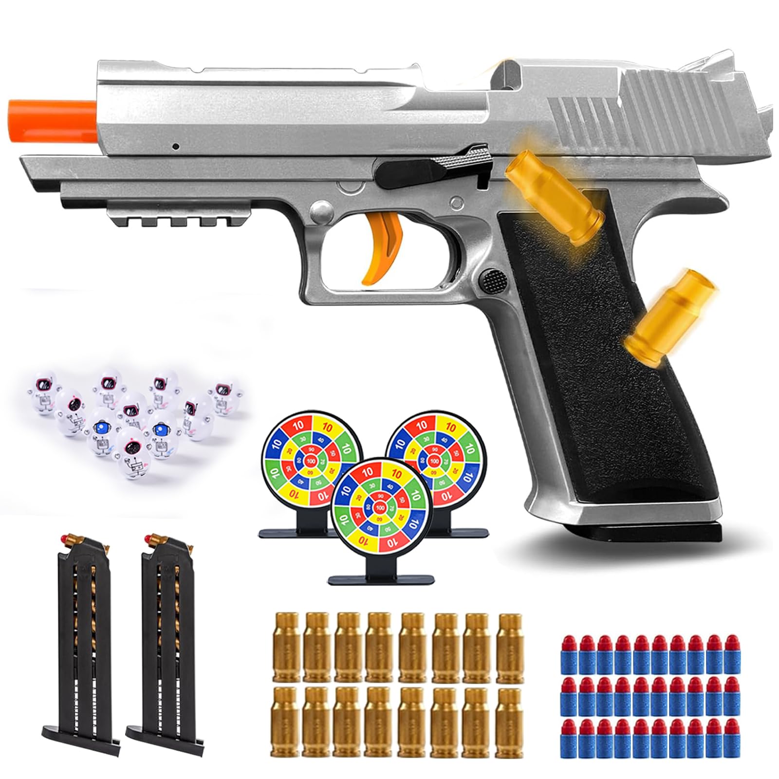 Toy Gun Soft Bullets Fully Automatic Reloading Rebound Shell Ejecting Shooting Games Toy Pistol Education Model Toys Soft Foam Blaster Gift for Kids Boys Girls Ages 6+(Silver)