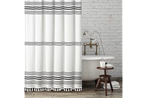 Seasonwood Black and White Shower Curtain with Tassels,Farmhouse Fabric for Bathroom,Heavy Weighted, 72 x 72