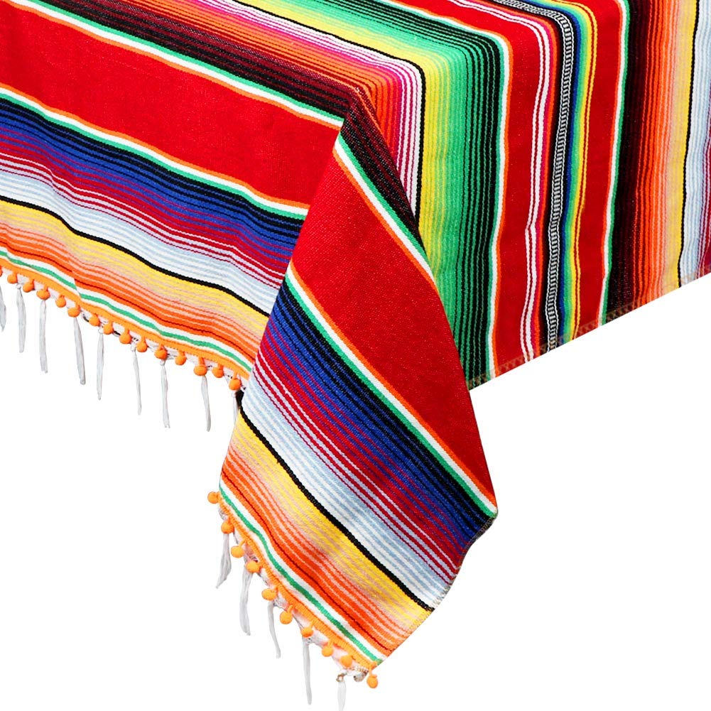 Photo 1 of OurWarm 84 X 59 Inch Mexican Tablecloth Serape Blanket, Upgraded Mexican Blankets with Pom Pom Trim for Mexican Party Wedding Cinco De Mayo Fiesta Decorations, Large Outdoor Fiesta Table Cover Picnic