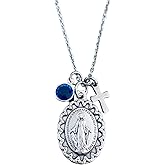 Virgin Mary Medal Necklace for Women – Our Lady Pendant with Cross Charm and Birthstone – Catholic Religious Jewelry Gift for Faith and Protection