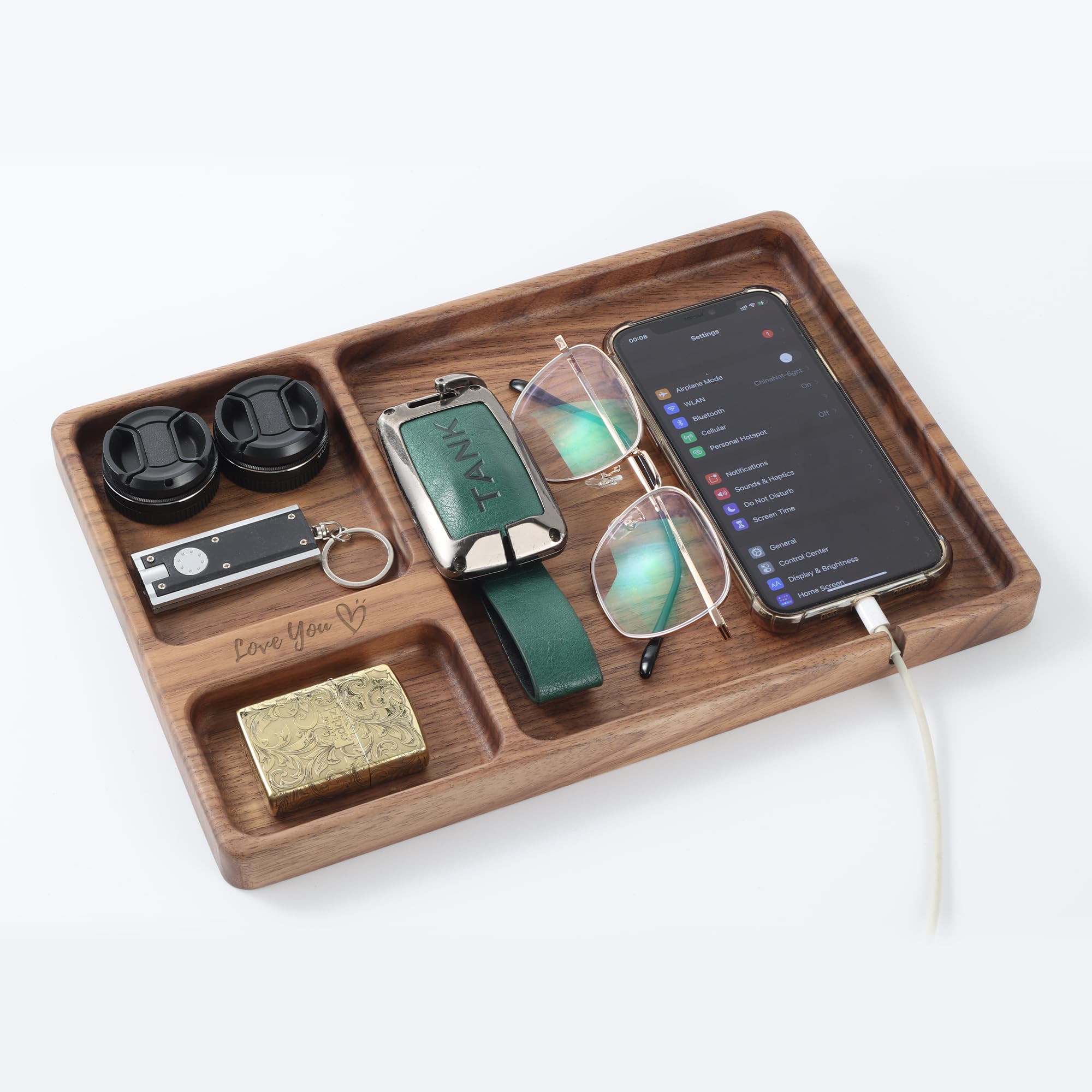 Love You Valet Tray - Walnut Wood Dresser Top Organizer for Men Women, Everyday Carry Tray for Phone Jewelry Cologne Key