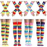Ibeauti 8 Pcs Womens Striped Knee High Socks Stockings Y2K Goth Knitted Long Arm Warmer Fingerless Gloves Set