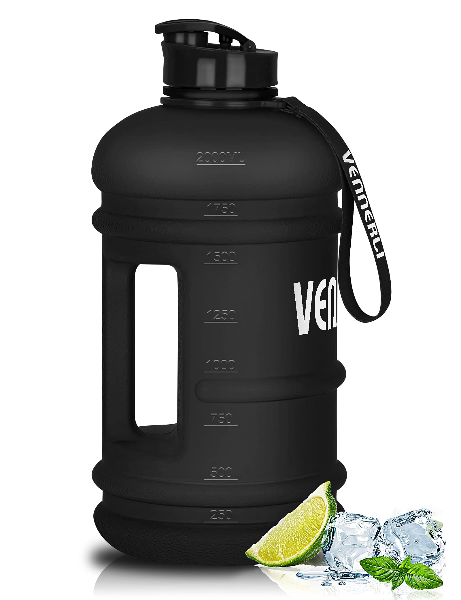 2.2L Water Bottle, Extra Strong Leakproof BPA Free 2.2 Litre Large Water Jug Half Gallon Hydrate Sturdy Ideal for Adults Men Family Sport Gym Fitness Outdoor Cycling Bodybuilding 73oz (Black)