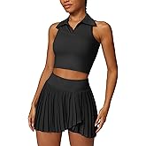 ABOCIW Pleated Tennis Skirts for Women Sleeveless V Neck Collar Workout Crop Tank Tops Sports Bra Golf Skorts Skirts Sets #1 Black Large