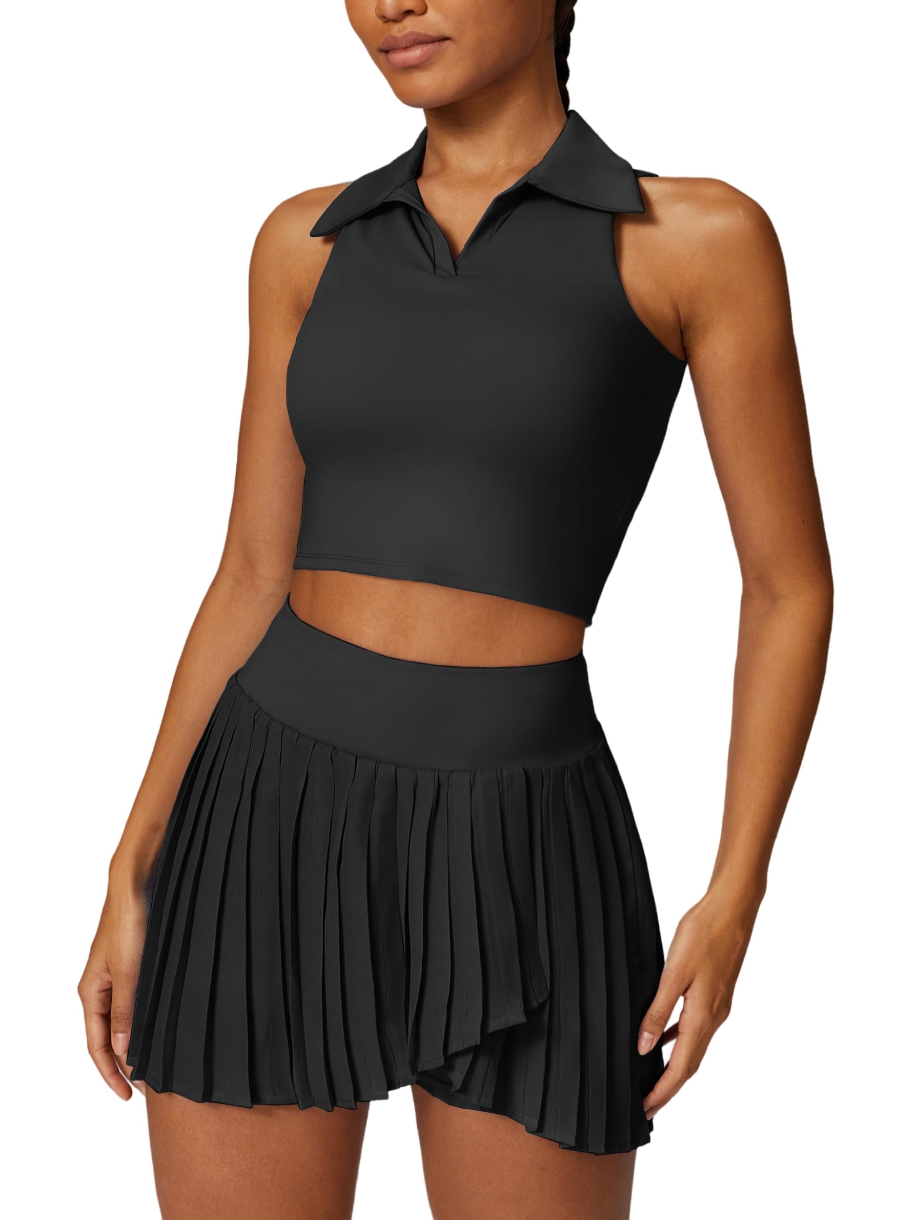 Photo 1 of ABOCIW Pleated Tennis Skirts for Women Sleeveless V Neck Collar Workout Crop Tank Tops Sports Bra Golf Skorts Skirts Sets #1 Black Small