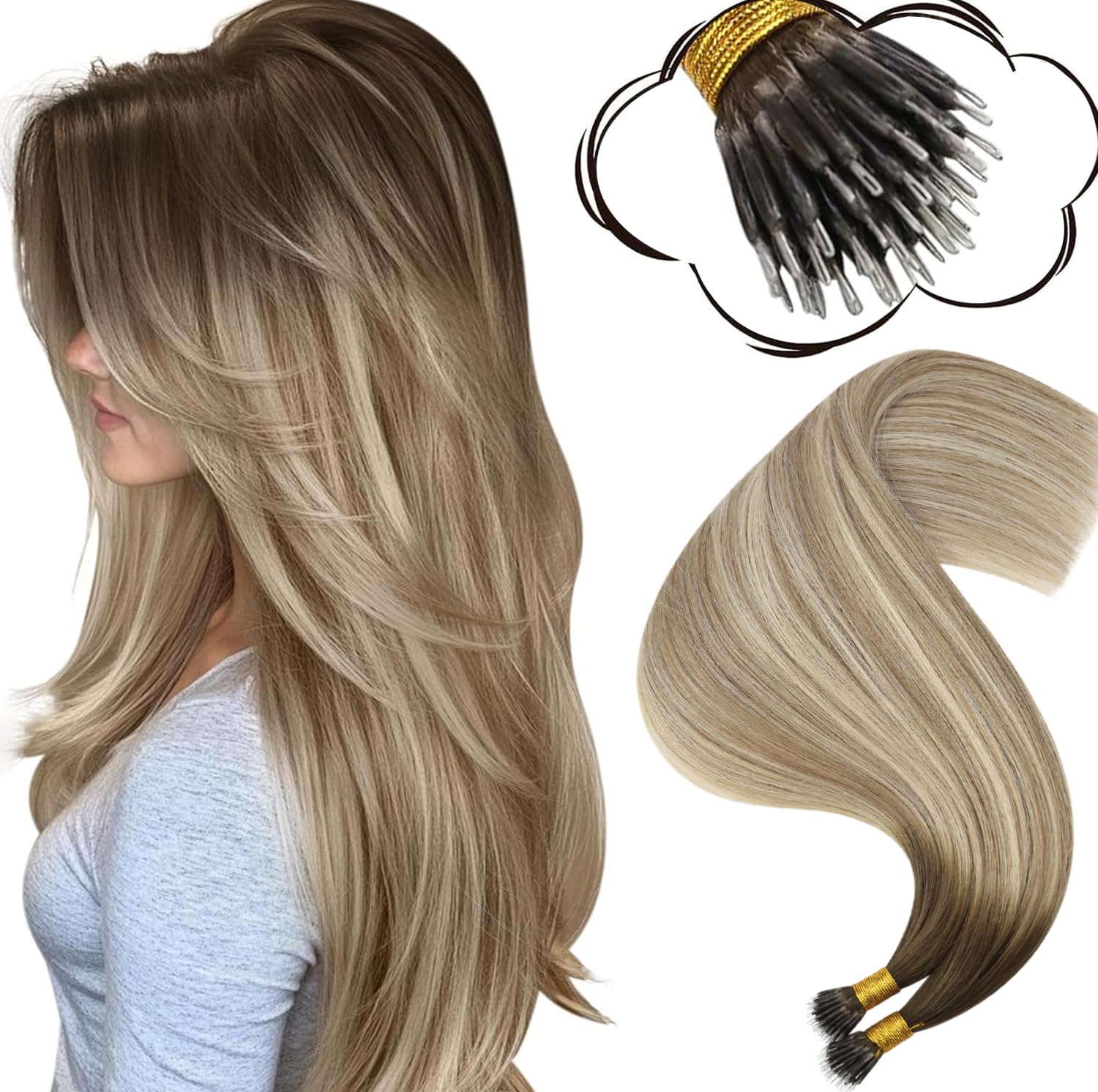 Moresoo Nano Hair Extensions Real Hair 16 Inch Nano Bead Human Hair Extensions Ombre Dark Brown to Chestnut Brown with Medium Blonde Cold Fusion 1G/S 50G/Pack #3/8/22 — image 1