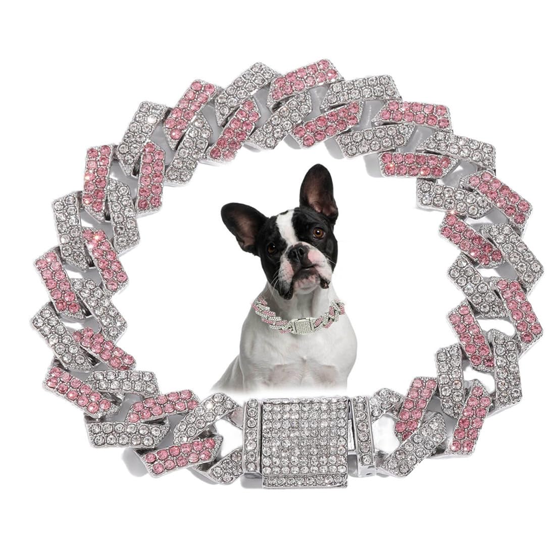 Photo 1 of Dog Chain Collars, Diamond Metal Cuban Link Dog Collar,15mm Wide Bling Sparkly Puppy Necklace for Small Medium Large Pet Dogs Cats Silver Pink(18 inch)