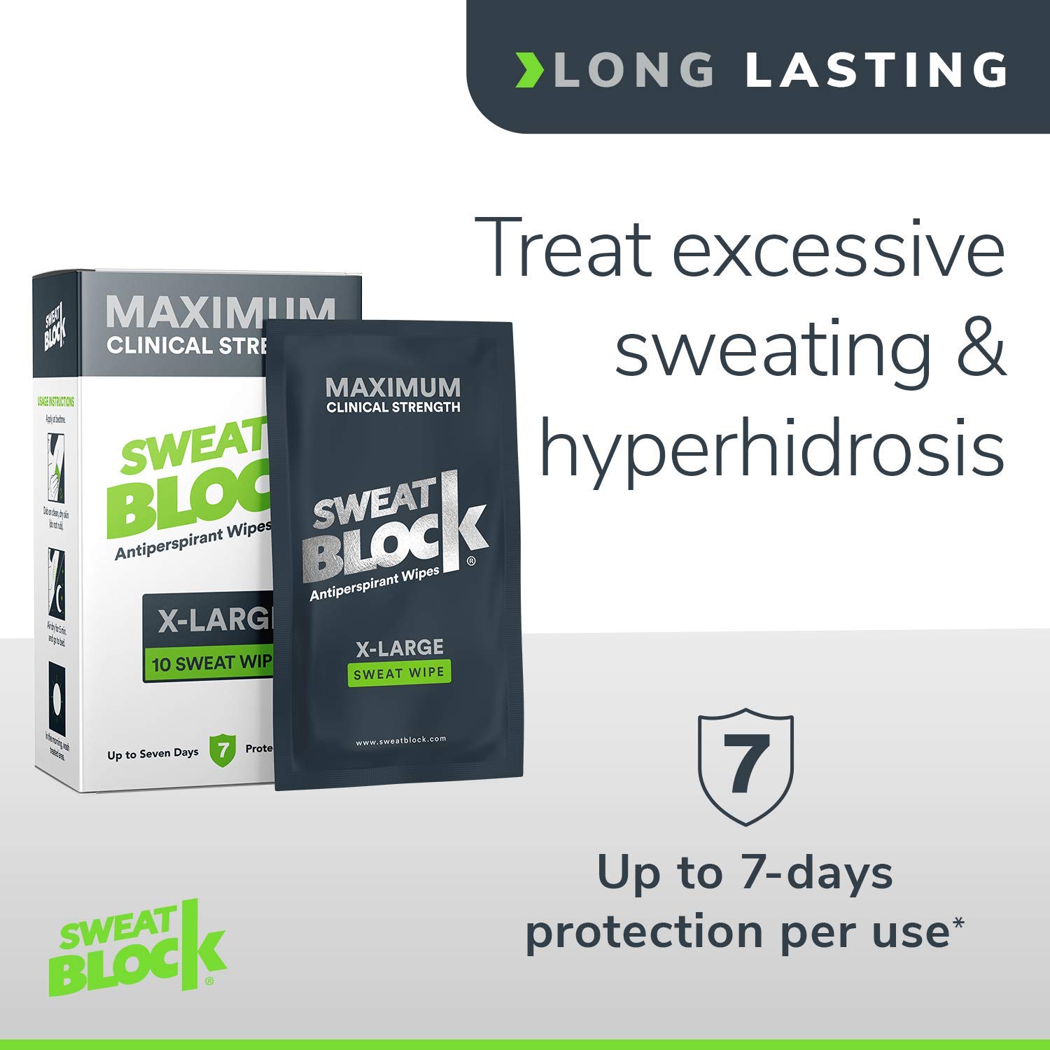 SweatBlock Maximum Strength Antiperspirant Sweat Wipes - For Excessive Sweat Protection - Extra Large - Up to 7 day protection per use - 10 Count - Unisex: Beauty