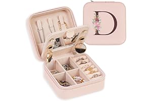 FUNARTY Travel Jewelry Box with Mirror for Women Girls, Jewelry Holder Organizer Case Birthday Christmas Gifts, Personalized Initial Vacation Essentials Accessories for Rings Necklaces Earrings - D