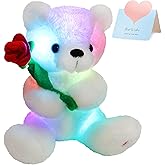 Houwsbaby Glow Teddy Bear with Rose White Bear Stuffed Animal Soft Light Up Plush Toy LED Night Lights Birthday Christmas for Kids Toddler Girlfriend,White,10.5''