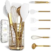 Styled Settings White and Gold Kitchen Utensils Set with Holder, 7-Piece | Silicone Cooking Tools with Gold Utensil Holder - Luxury Kitchen Accessories for Stylish Cooking and Serving