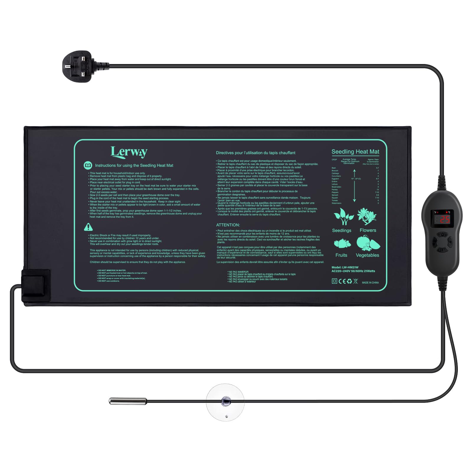 LERWAY Seedling Heating Mat with Digital Thermostat and NTC Probe 30W Warming Mat Waterproof Heat Mat for Plants Seedlings, Reptiles, Brewing Greenhouse Incubation 52cm x 25cm