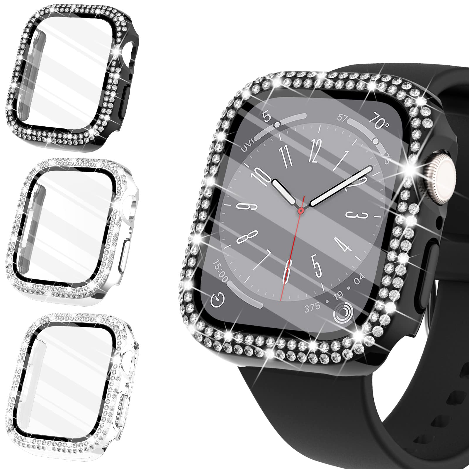 WINGLE Compatible with Apple Watch Screen Protector 40mm SE 3 2 1/ Series 6 5 4, Women Shiny Diamond Cover with Tempered Glass Screen Protector for Apple Watch Case 40mm,Black/Silver/Clear