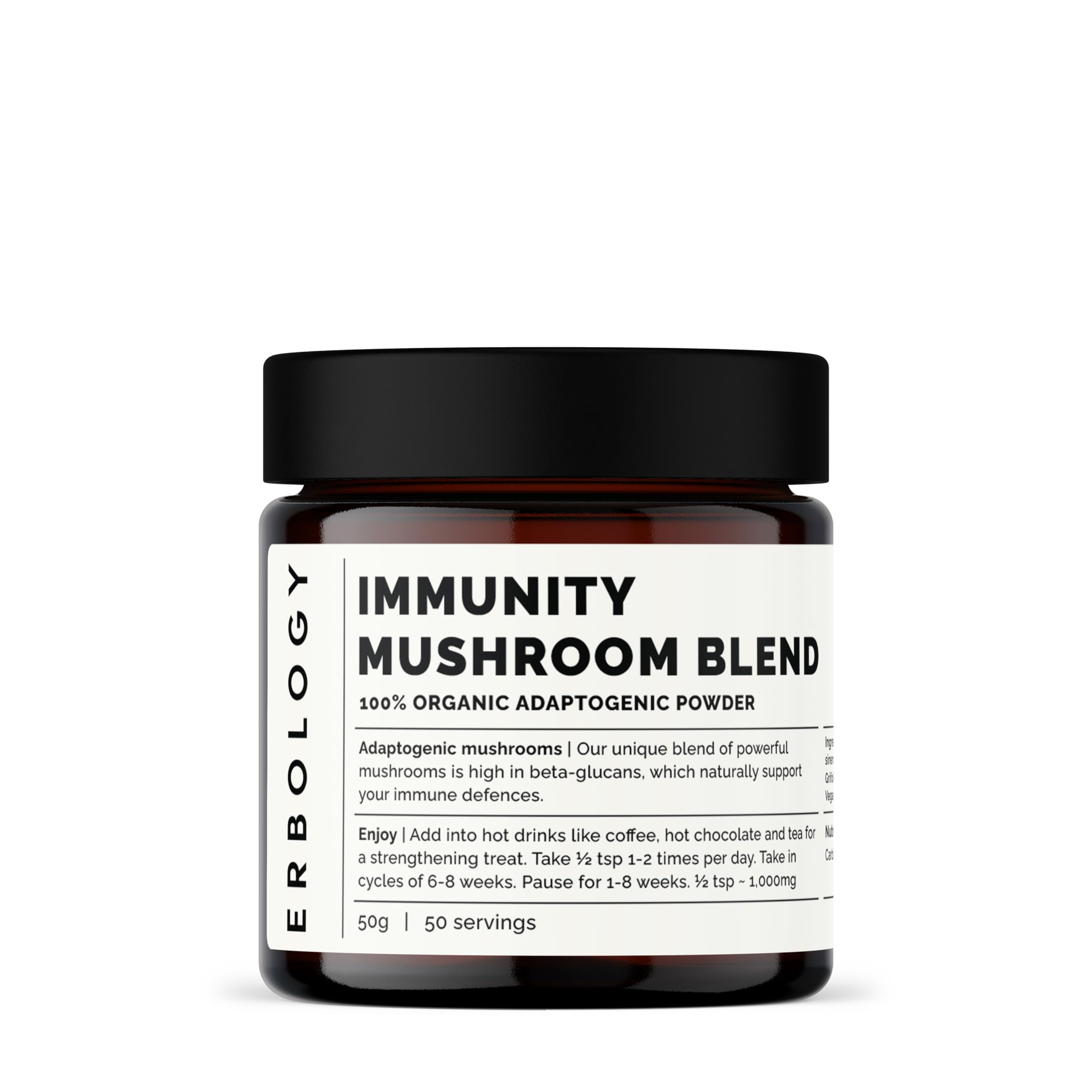 Erbology Organic Immunity Mushroom Complex 50 Servings - High in Beta-glucans - Reishi, Cordyceps, Lion's Mane - Small Batch - Sustainably Grown in Europe - Vegan - Non-GMO - No Added Fillers
