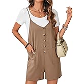 LYANER Women's Casual Summer Sleeveless Romper Loose Adjustable Spaghetti Strap Button Front Stretchy Shorts Jumpsuits