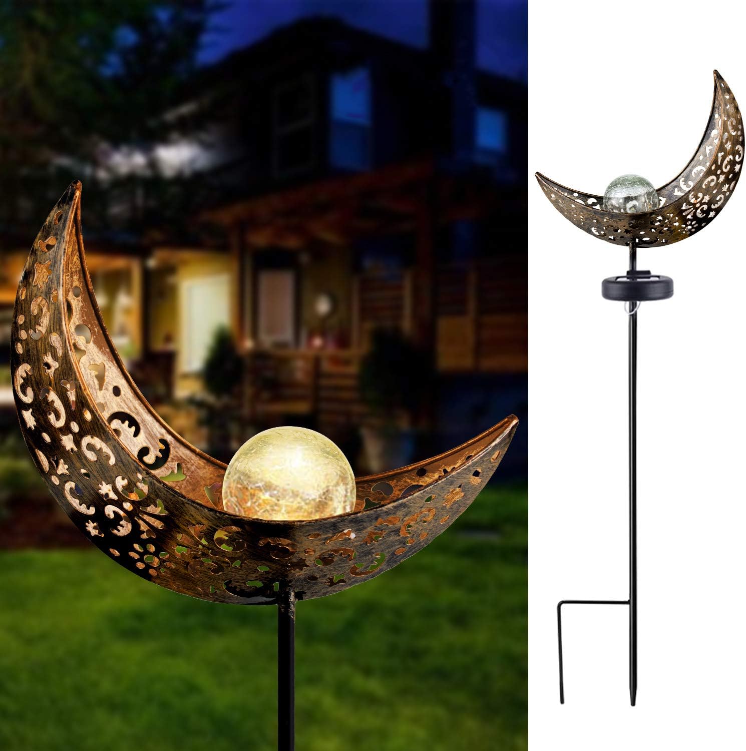 Solar Garden Lights - Solar Lights Outdoor Decorative - Moon Crackle Glass Globe Stake Metal Lights,Waterproof Warm White LED for Lawn,Patio or Courtyard