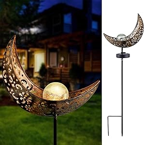 Solar Garden Lights - Solar Lights Outdoor Decorative - Moon Crackle Glass Globe Stake Metal Lights,Waterproof Warm White LED for Lawn,Patio or Courtyard