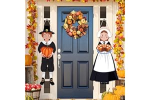 AHZEMEPINYO 2 Pack Thanksgiving Pilgrim Girl Boy Wooden Welcome Sign Fall Pilgrim Hanging Sign Thanksgiving Pilgrim Pumpkin Hanging Decor Pilgrim Yard Lawn Sign for Home, 30.7 x 12.4 inch