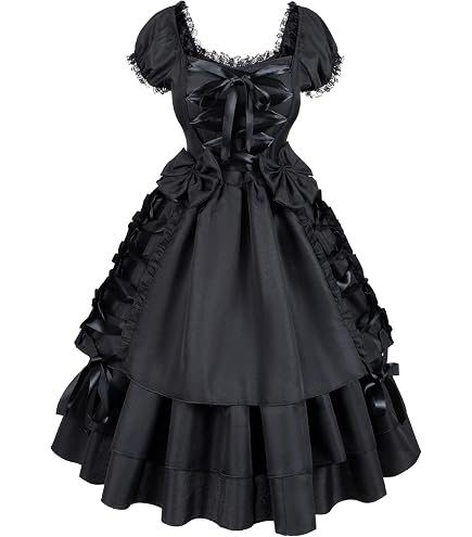 black lolita dress Victorian Gothic Retro Style Puff Sleeves Lace-up Dress with Choker Bowknot Style Black Witch Long Sleeves Ruffle