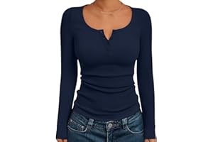 Trendy Queen Long Sleeve Shirts for Women Henley Ribbed Fall Tops Dressy Business Casual Teen Girl Winter Cute Basic Tees