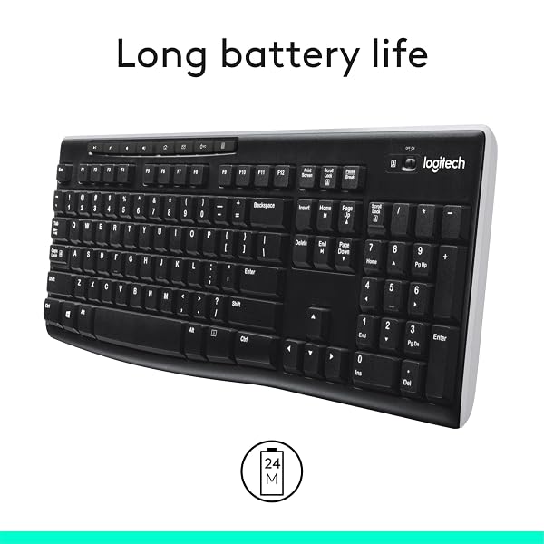 LOGITECH K270 WIRELESS KEYBOARD FOR WINDOWS, 2.4 GHZ WIRELESS, FULL-SIZE, NUMBER PAD, 8 MULTIMEDIA KEYS, 2-YEAR BATTERY LIFE, COMPATIBLE WITH PC, LAPTOP, BLACK