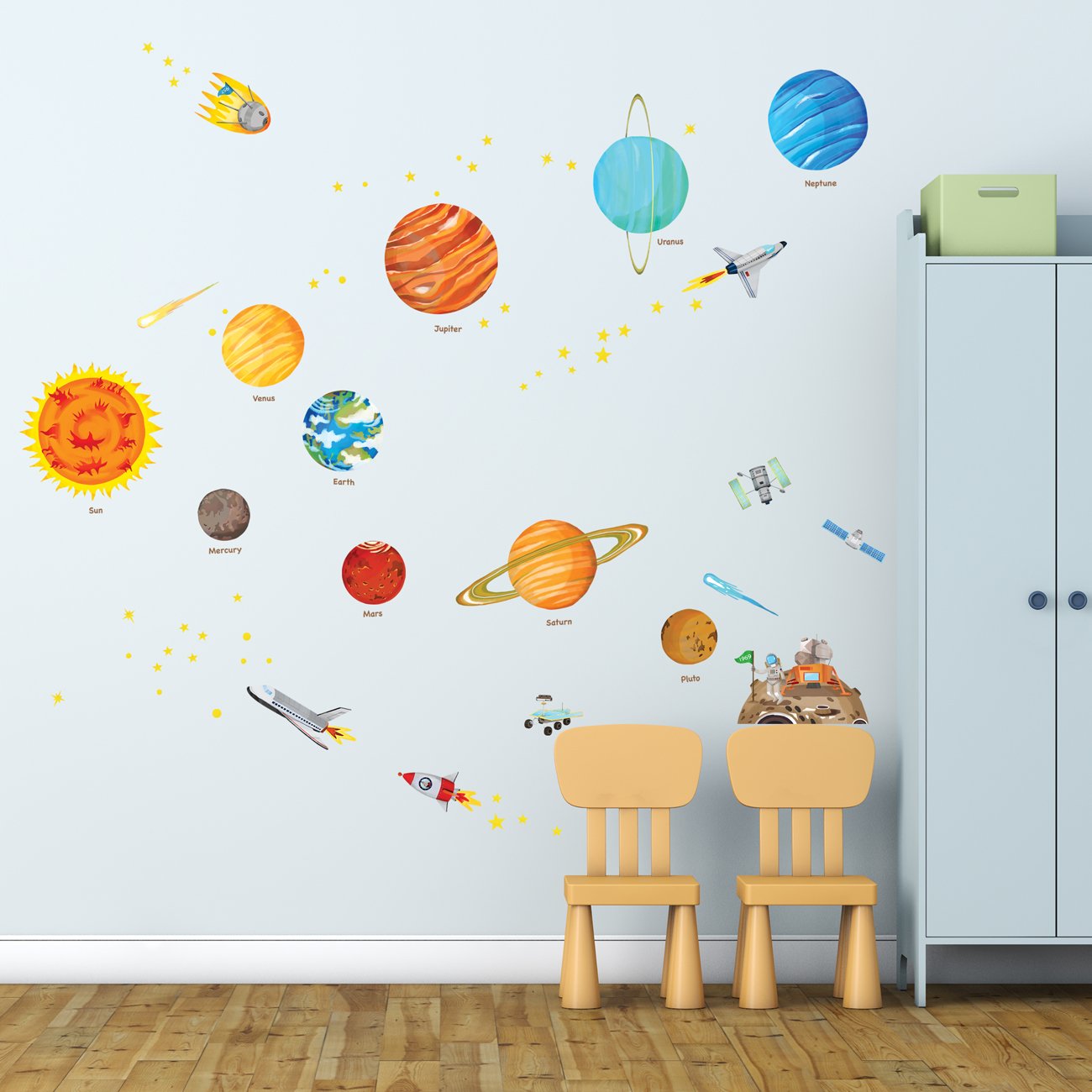 DECOWALL DW-1501S The Solar System (Medium) Kids Wall Stickers Decals Peel and Stick Removable for Nursery Bedroom Living Room Art murals Decorations