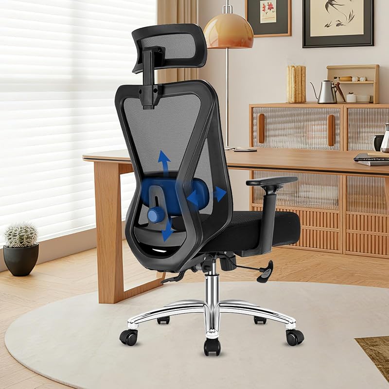 Chaise de bureau ergonomique avec verrouillage d'inclinaison à trois niveaux, chaise pivotante avec appui-tête réglable, accoudoirs et soutien lombaire, chaise de bureau 150 kg