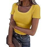Roselux Women's Summer Scoop Neck Short Sleeve T-Shirts Ribbed Knit Slim Fitted Casual Basic Top