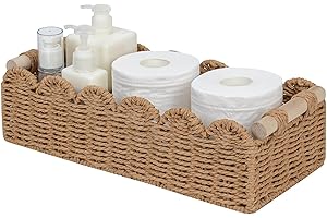 CubesLand Paper Rope Scalloped Edge Toilet Paper Storage Basket, Small Living Room, Bedroom Decor Baskets for Over Toilet Storage Shelf, End Table, Shelves and More, with 2 Wooden Handle, Neutral