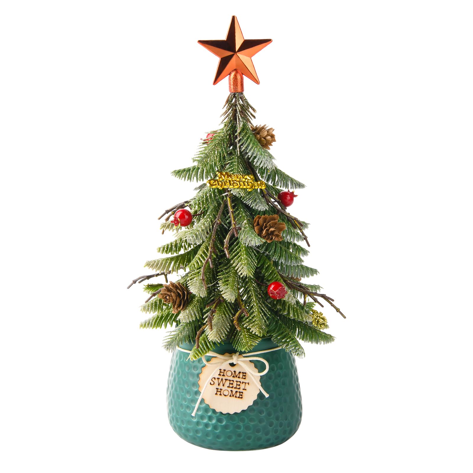 Photo 1 of Mini Tabletop Christmas Tree, 14 Inch Artificial Small Xmas Tree with Red Berry, Pine Cone, Fake Greenery for Table Top Office Desk Classroom Room Holiday Christmas Decor(Red Star)