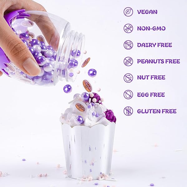 CAKE SPRINKLES, MIXED PEARL EDIBLE SUGAR PURPLE SPRINKLES FOR CUPCAKES, COOKIE, CONFETTI DECORATION, WITH DONUTS WAFER PAPERS, 4.4OZ