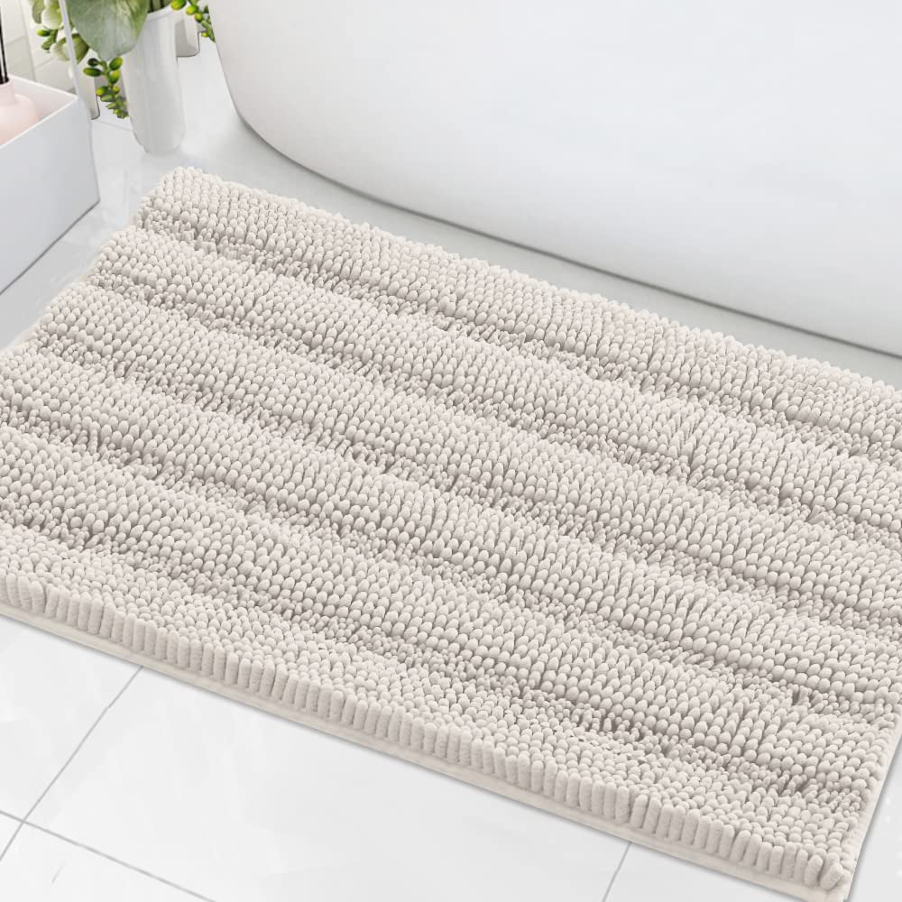 Photo 1 of H.VERSAILTEX Bath Mats for Bathroom Non Slip Extra Thick Chenille Striped Bath Rug 24" x 36" Absorbent Non Skid Fluffy Soft Shaggy Rugs Washable Dry Fast Plush Mats for Indoor, Bath Room, Tub - Ivory
