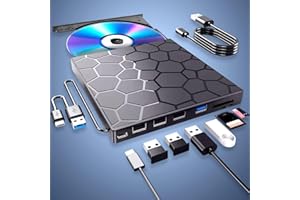 8-in-1 Ultra-Slim Portable External CD/DVD Drive for Laptop - USB 3.0 Burner with 24x CD/RW & 8X DVD Read Speed