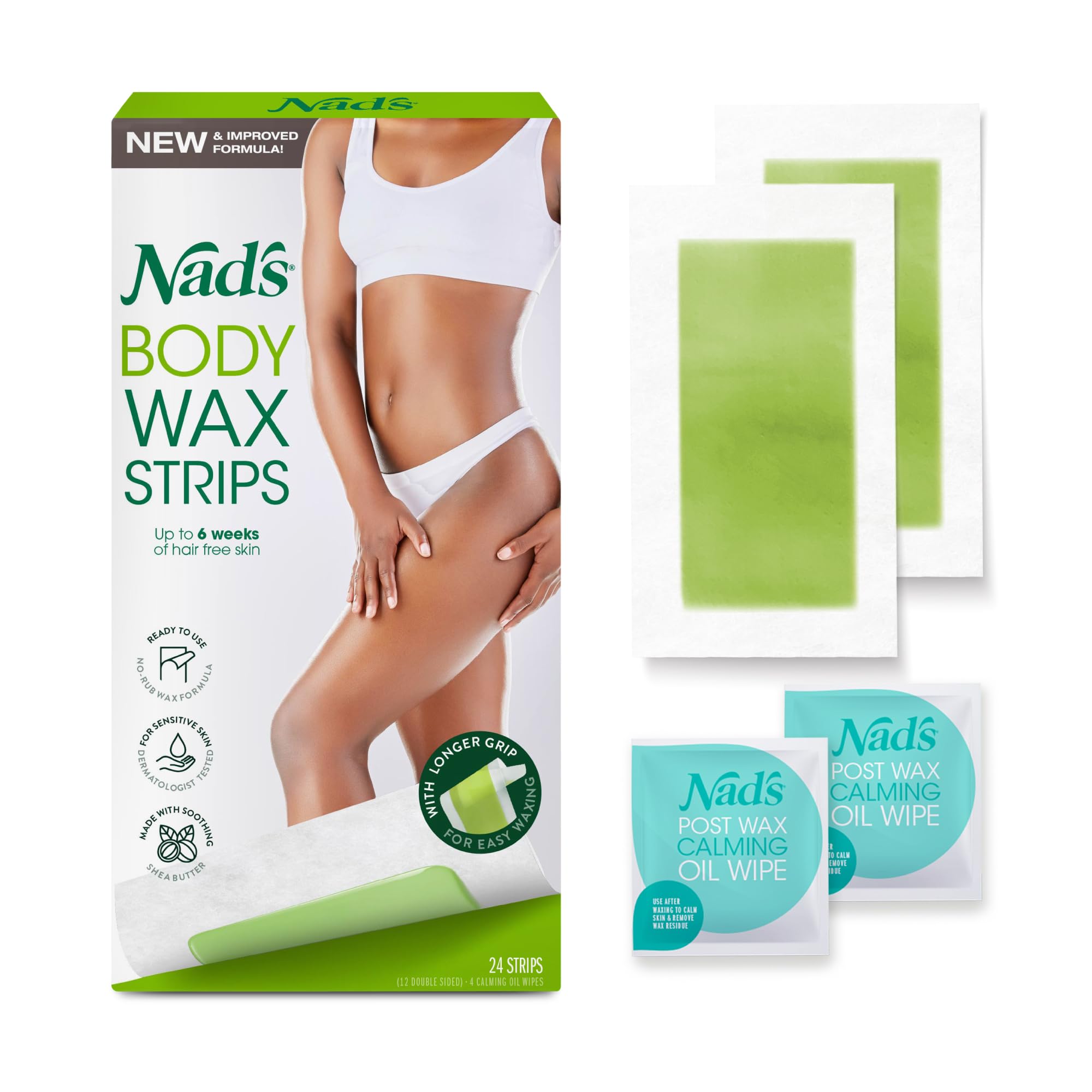 Nad's Body Wax Strips, Hair Removal For Women At Home, 24 Strips +4 Oil Wipes_NEW NO RUB Formula & Longer Strips for Easy Grab