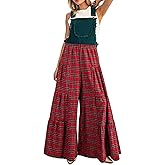 Aonoapll Women Christmas Plaid Overalls Jumpsuit Sleeveless Tiered Wide Leg Pants Rompers Gingham One Piece Xmas Overalls