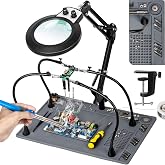 KUVRS Helping Hands Soldering Station, 10X Magnifying Glass with Light | and Stand, Repair Mat Third Hand Solder Tool, PCB Holder LED Magnifier Desk Lamp for Electronics Craft Model Jewelry- Grey
