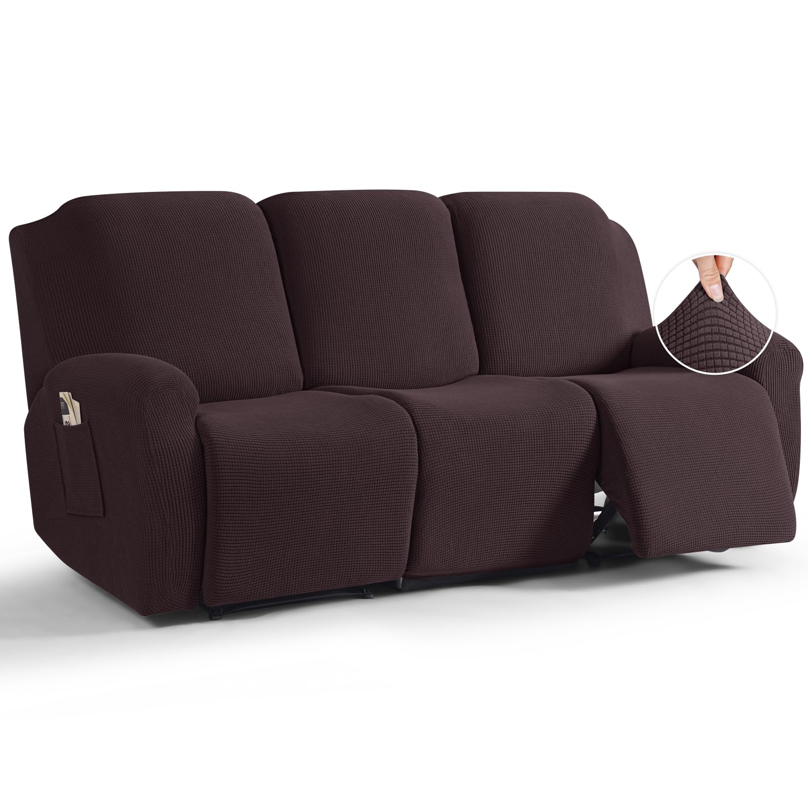 Photo 1 of TAOCOCO Recliner Couch Covers for 3 Seat, 8-Pieces Stretch Large Couch Covers for 3 Seats Reclining Slipcovers Soft Jacquard Pattern Furniture Protector, Chocolate