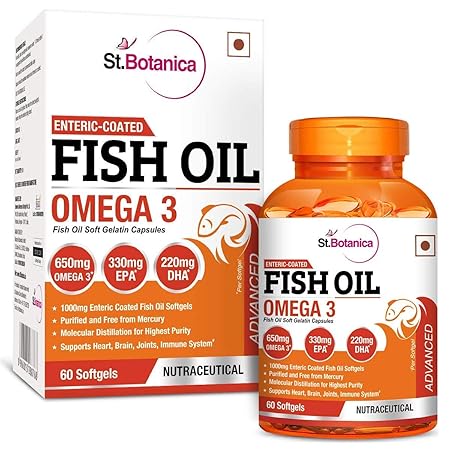 StBotanica Fish Oil 1000mg Advanced Double Strength 650mg Omega 3 with 330mg EPA, 220mg DHA - 60 Enteric Coated Softgels