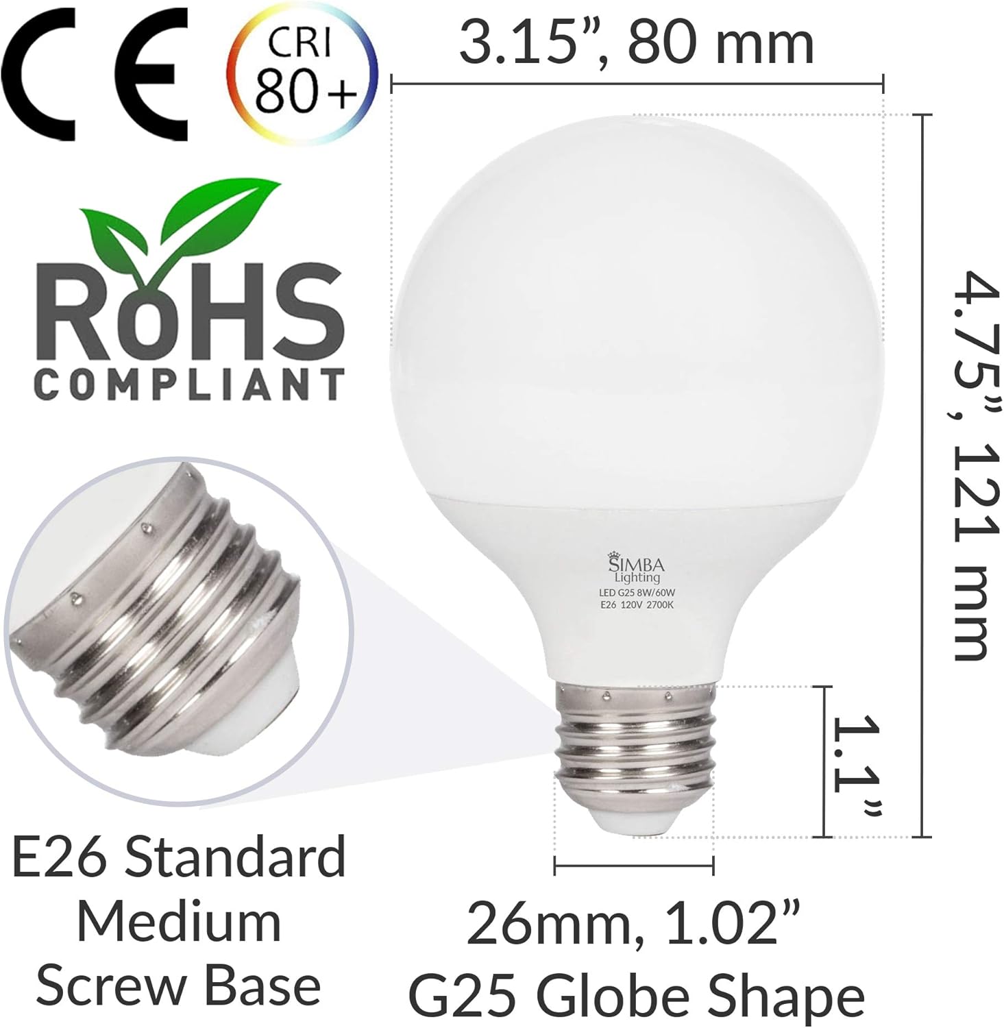 Amazon Com Simba Lighting Led Vanity Globe G25 G80 Light Bulb For Bathroom Makeup Mirror Decorative White Frosted Cover 8w 60w Equivalent 120v Standard E26 Medium Base Warm White 2700k Pack Of