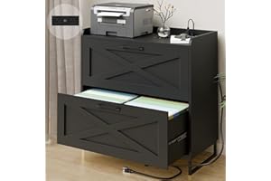 VABCHES Lateral File Cabinet 2 Drawer File Cabinet with Charging Station for Legal/Letter/A4 Size Hanging Files, Modern Farmhouse Large Wood File Storage Cabinet Printer Stand for Home Office Furniture(Black)