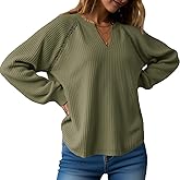 Fisoew Womens Oversized Sweatshirt Casual Waffle Knit V Neck Lace Long Sleeve Fall Pullover Tunic Tops Army Green