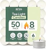Zuvo 8-Hour Unscented Tea Light Candles 50-Pack, Clean Burning, White