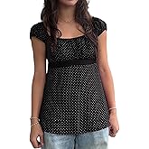Sunloudy Women Fairy Coquette Babydoll Shirt Y2k Cap Sleeve Polka Dot Grunge Flowy Preppy Tees Vintage Aesthetic Clothes