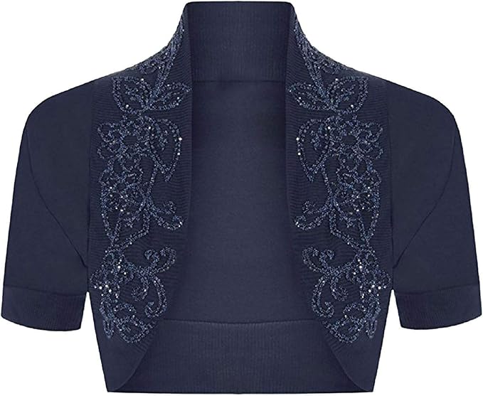 Womens Ladies Night Party Short Sleeve Open Front Sequin Beaded Bolero
