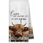 OVAcational Funny Highland Cow Kitchen Towels, Highland Cow Lovers Gifts for Women Hand Towels for Bathroom, Live Like Someone Left The Gate Open Dish Tea Towel for Kitchen, 16x24 Inch